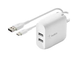 KIT CARGADOR DE PARED 2 PUERTOS USB TIPO A BELKIN WCE001DQ1MWH 24W + CABLE USB TIPO A - USB TIPO C 1M (BLANCO)