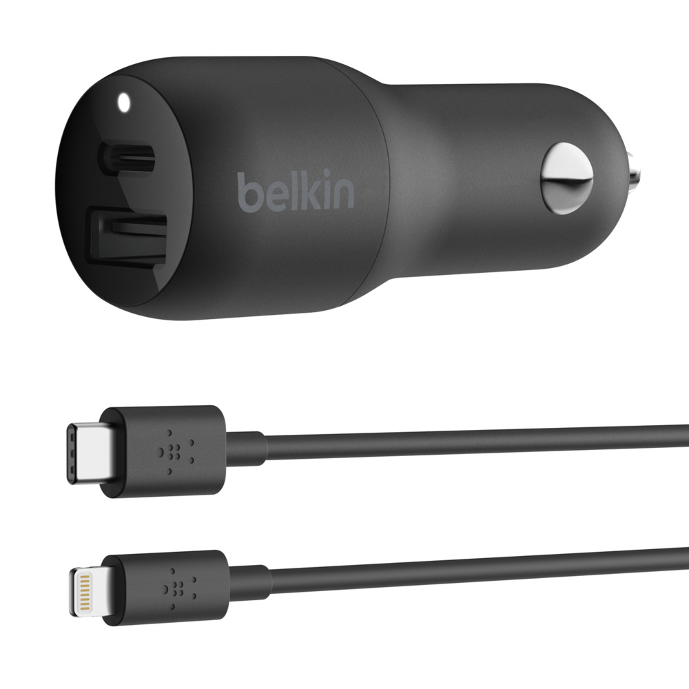 KIT CARGADOR PARA CARRO 2 PUERTOS USB TIPO C 18W Y USB TIPO A 12W BELKIN CCB003BT04BK + CABLE USB TIPO C - LIGHTNING 1M (NEGRO)