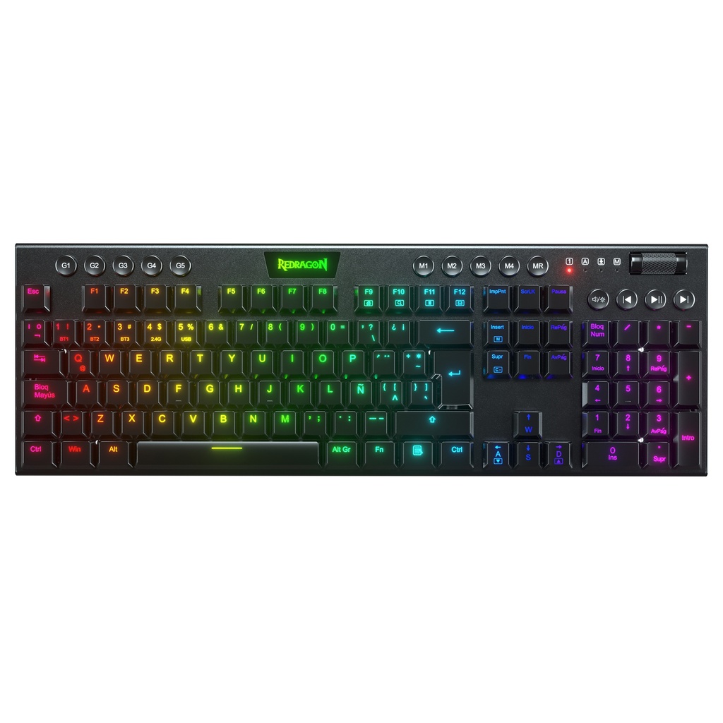 TECLADO INALAMBRICO GAMER REDRAGON HORUS FS K618 CON LUCES RGB SWITCH ROJO EN ESPAÑOL (NEGRO)
