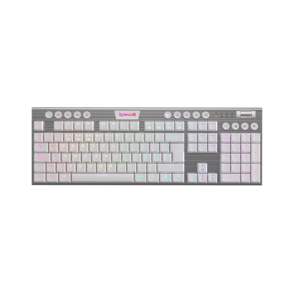 TECLADO INALAMBRICO GAMER REDRAGON HORUS FS K618 CON LUCES RGB SWITCH ROJO EN ESPAÑOL (BLANCO)