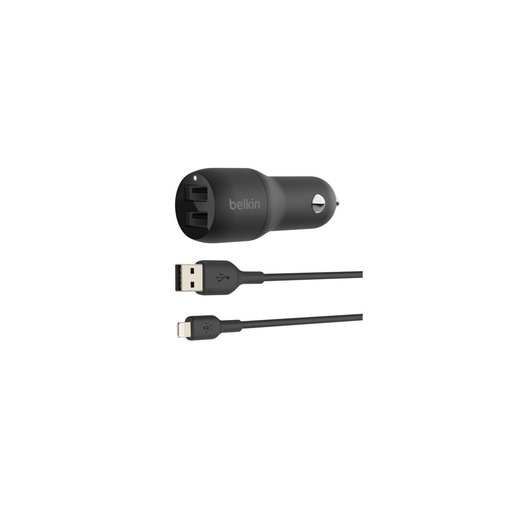[0108033901] KIT CARGADOR DE CARRO BELKIN CCD001BT1MBK 2 PUERTOS USB TIPO A 24W + CABLE USB TIPO A - LIGHTNING (NEGRO)