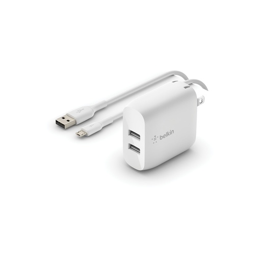 [0108032501] KIT CARGADOR DE PARED 2 PUERTOS USB TIPO A BELKIN WCE002DQ1MWH 24W + CABLE USB TIPO A - MICRO USB 1M (BLANCO)
