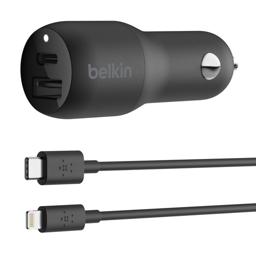 [0108033301] KIT CARGADOR PARA CARRO 2 PUERTOS USB TIPO C 18W Y USB TIPO A 12W BELKIN CCB003BT04BK + CABLE USB TIPO C - LIGHTNING 1M (NEGRO)